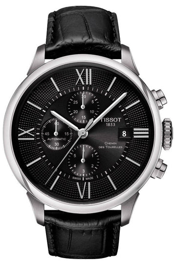 Tissot T Classic Chemin Des Tourelles Chronograph Black Dial Black Leather Strap Watch For Men - T099.427.16.058.00