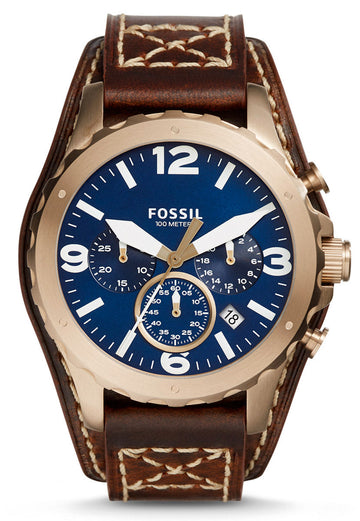 Fossil Nate Chronograph Blue Dial Brown Leather Strap Watch for Men - JR1505