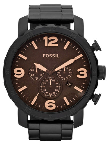 Fossil Nate Chrongraph Ion Plated Black Dial Black Steel Strap Watch for Men - JR1356