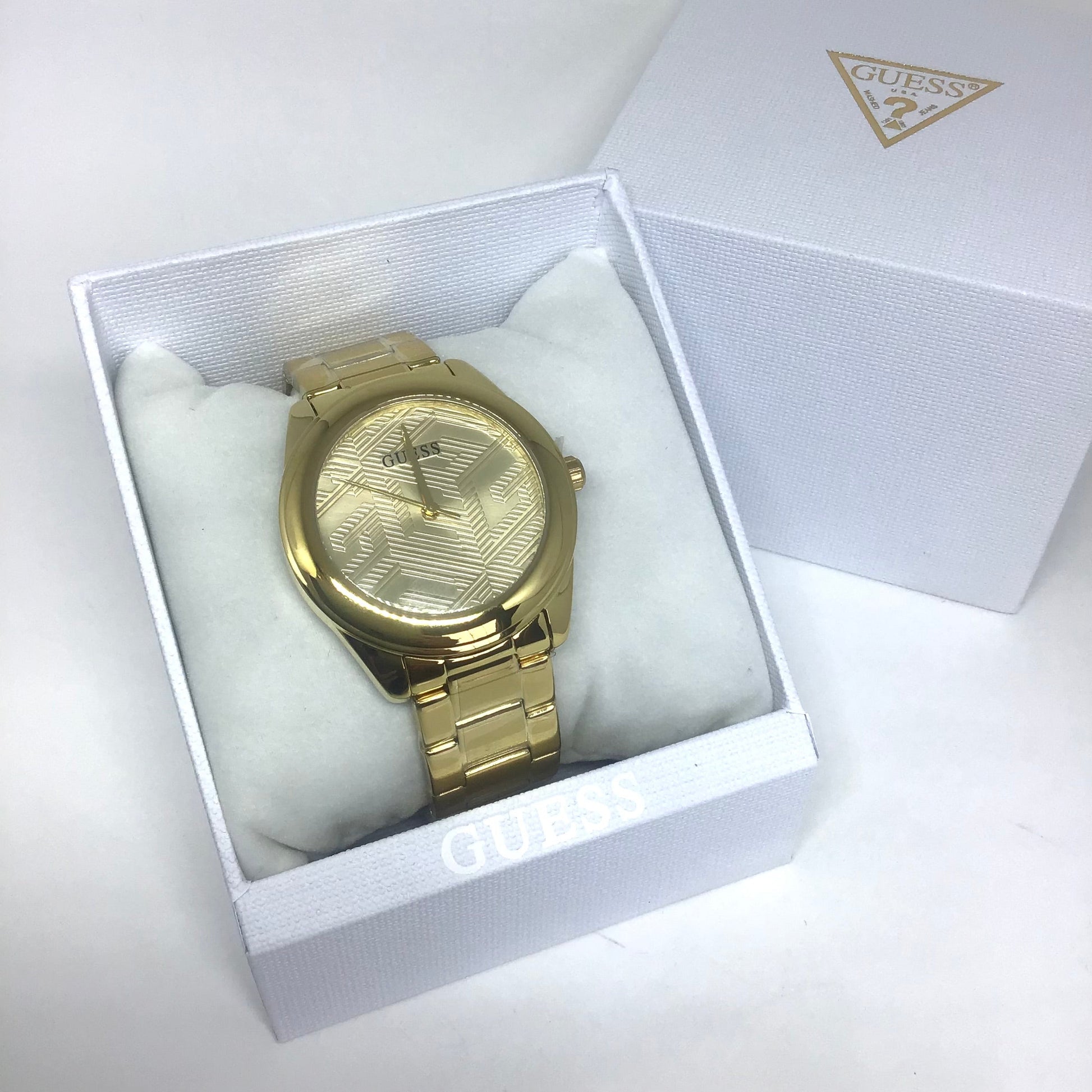 Guess Cubed Analog Gold Dial Gold Steel Strap Watch For Women - GW0606L2