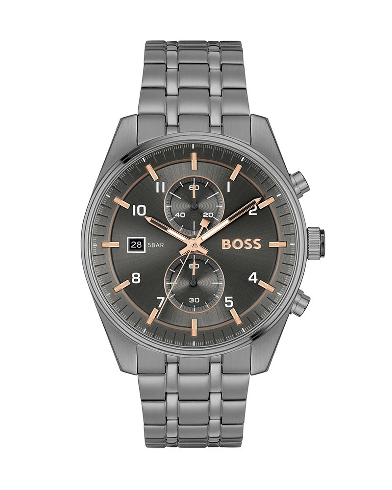 Hugo Boss Skytraveller Chronograph Gunmetal Grey Dial Grey Steel Strap Watch for Men - 1514153