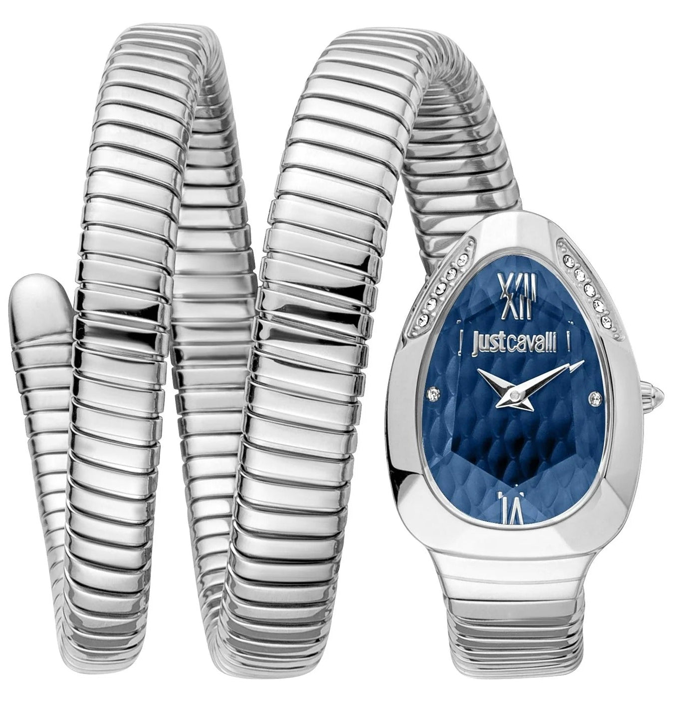 Just Cavalli Serpente Metallica Blue Dial Silver Steel Strap Watch for Women - JC1L224M0025
