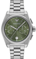 Emporio Armani Federico Chronograph Green Dial Silver Steel Strap Watch for Men - AR11640