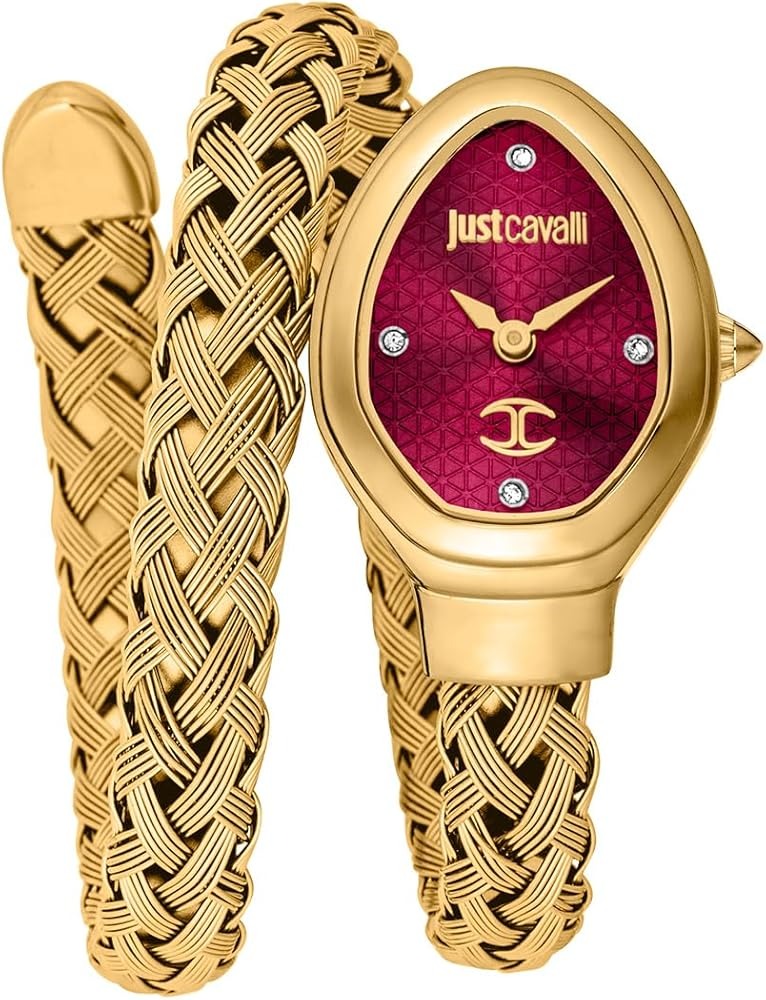 Just Cavalli Novara Red Dial Gold Steel Strap Watch for Women - JC1L264M0035