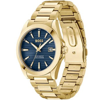 Hugo Boss Strike Blue Dial Gold Steel Strap Watch for Men - 1514172