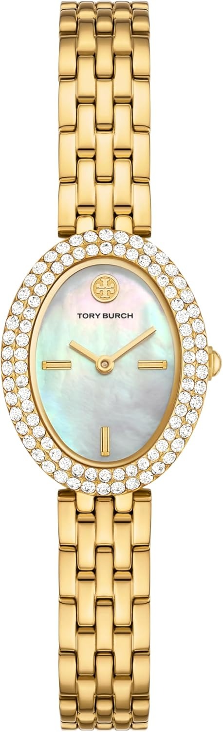 Tory Burch Oval Mother of Pearl Dial Gold Steel Strap Watch for Women - TBW6034
