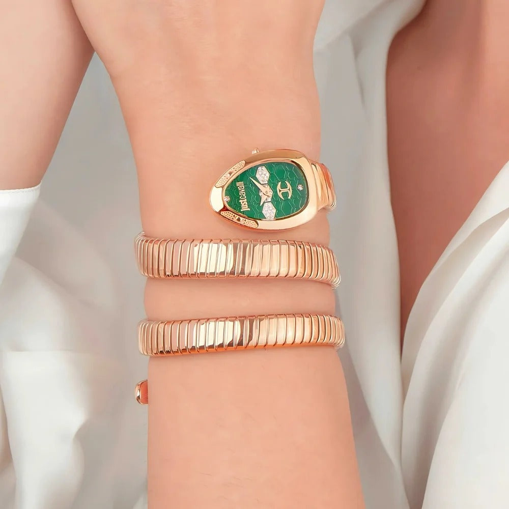 Just Cavalli Cosenza Green Dial Rose Gold Steel Strap Watch for Women - JC1L232M0045