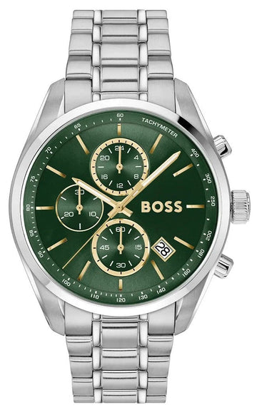 Hugo Boss Grand Prix Chronograph Green Dial Silver Steel Strap Watch for Men - 1514266