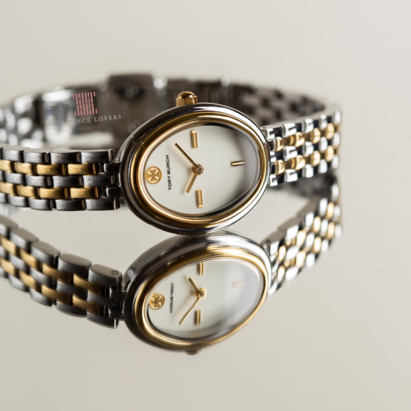 Tory Burch Oval White Dial Two Tone Steel Strap Watch for Women - TBW6033