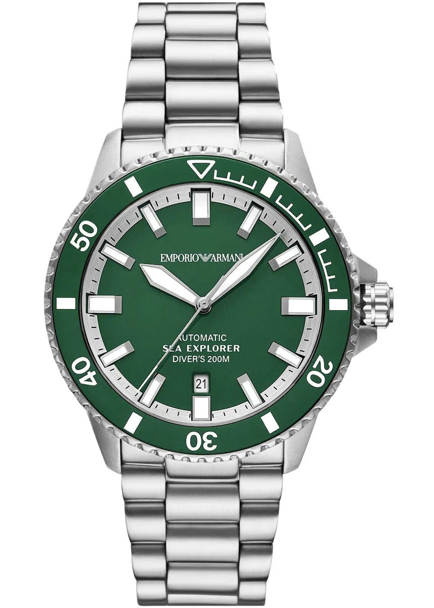 Emporio Armani Sea Explorer Green Dial Silver Steel Strap Watch for Men - AR60088
