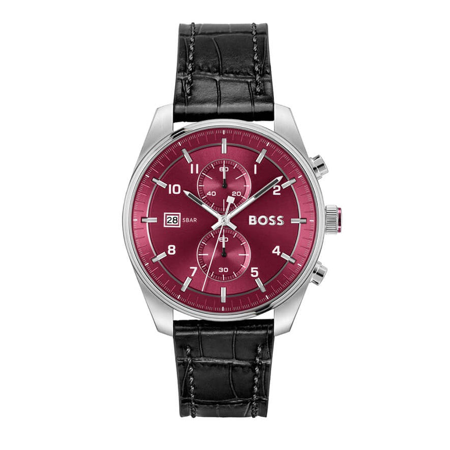 Hugo Boss Skytraveller Chronograph Burgundy Red Dial Black Leather Strap Watch for Men - 1514193