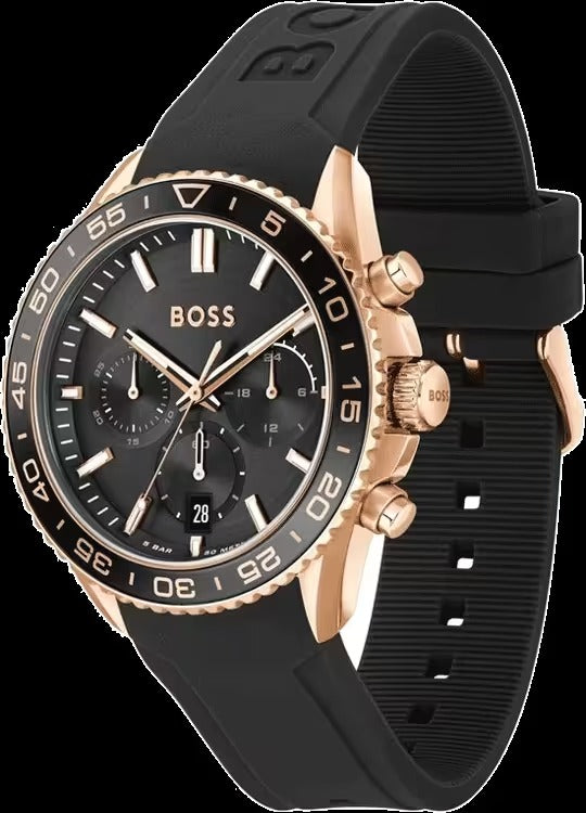 Hugo Boss Runner Chronograph Black Dial Black Silicone Strap Watch for Men - 1514168