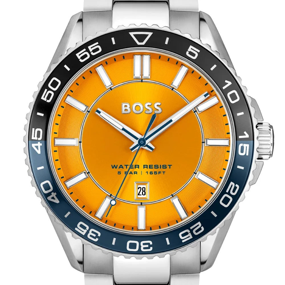 Hugo Boss Runner 3H Orange Dial Silver Steel Strap Watch for Men - 1514206