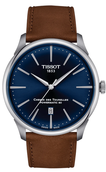 Tissot Chemin des Tourelles Automatic Powermatic 80 Blue Dial Brown Leather Strap Watch for Men - T139.407.16.041.00
