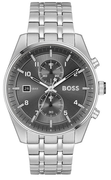 Hugo Boss Skytraveller Chronograph Grey Dial Silver Steel Strap Watch for Men - 1514151