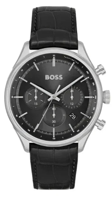 Hugo Boss Gregor Chronograph Black Dial Black Leather Strap Watch for Men - 1514049