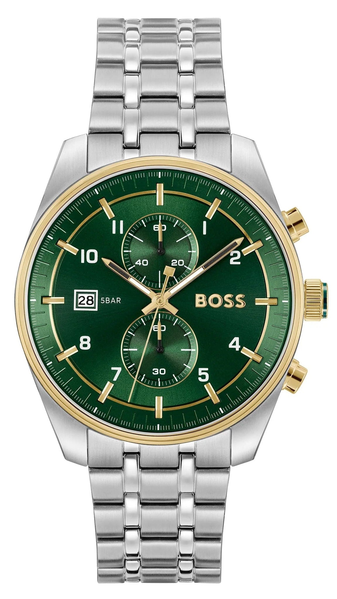 Hugo Boss Skytraveller Chronograph Green Dial Silver Steel Strap Watch for Men - 1514195