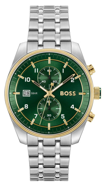 Hugo Boss Skytraveller Chronograph Green Dial Silver Steel Strap Watch for Men - 1514195