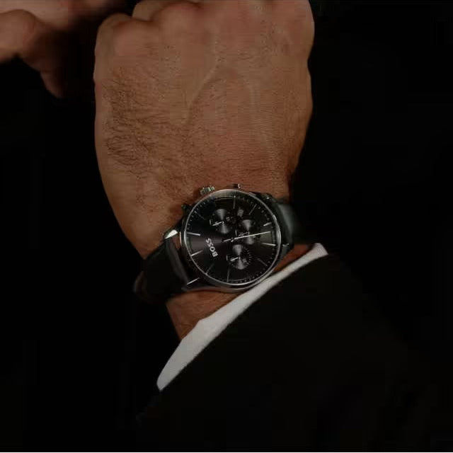 Hugo Boss Avery Chronograph Black Dial Black Leather Strap Watch for Men - 1514211