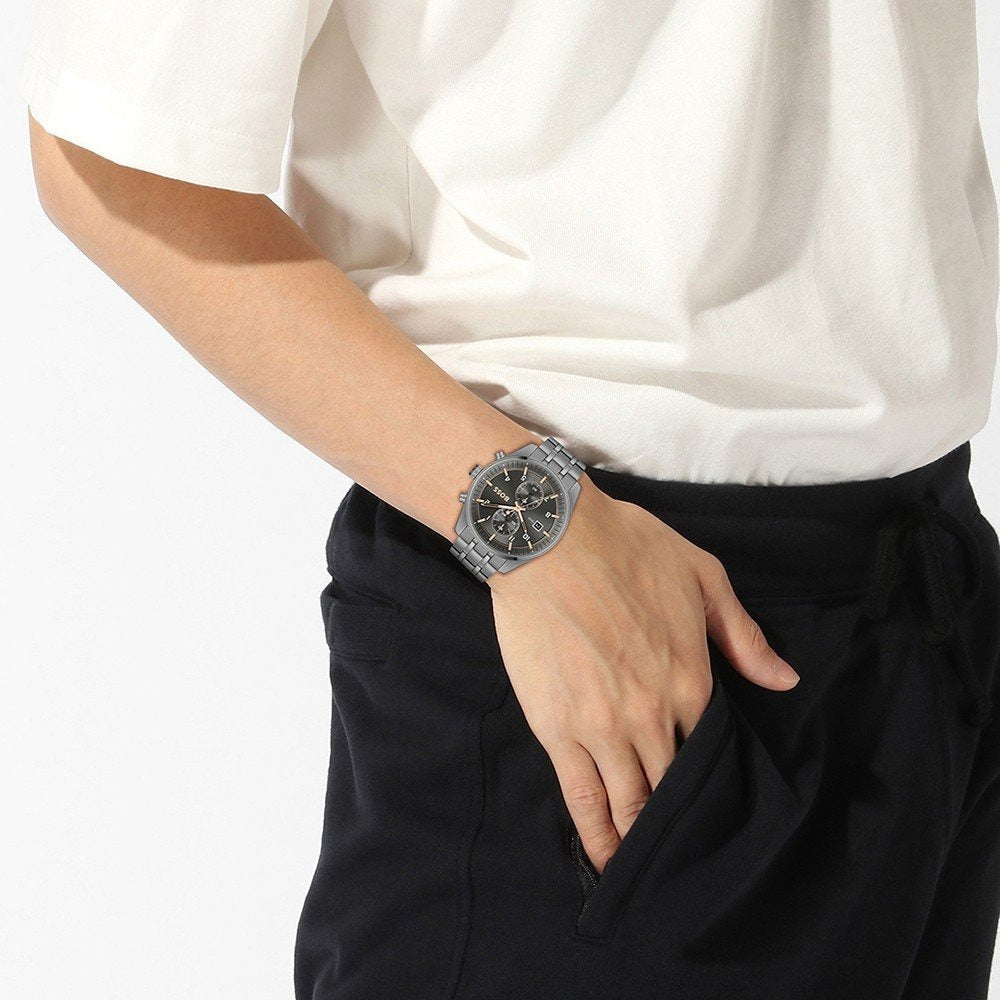 Hugo Boss Skytraveller Chronograph Gunmetal Grey Dial Grey Steel Strap Watch for Men - 1514153