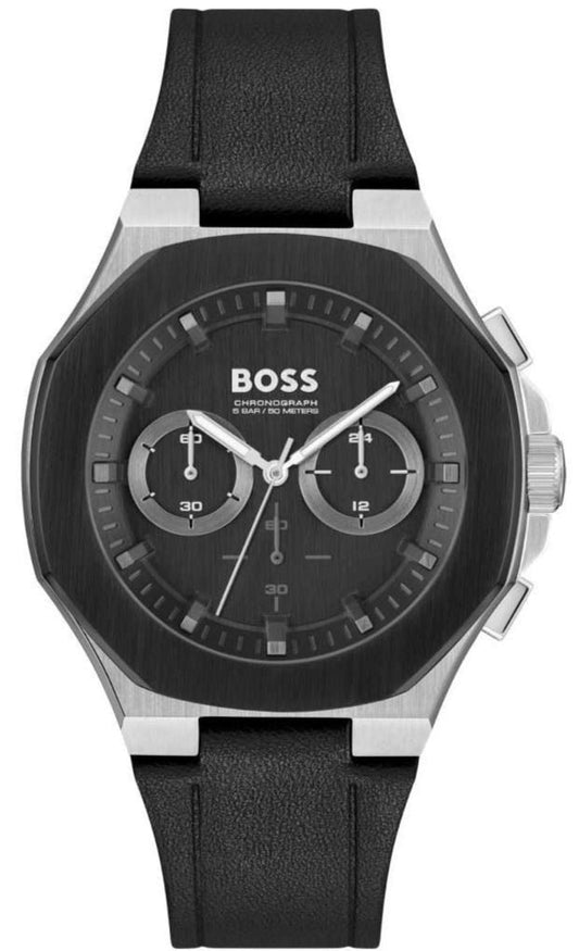 Hugo Boss Taper Chronograph Black Dial Black Leather Strap Watch for Men - 1514085