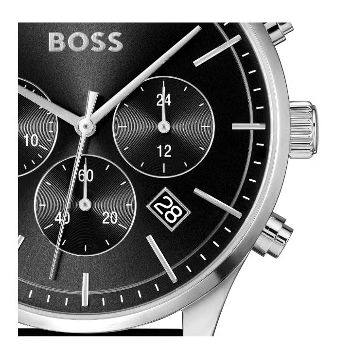 Hugo Boss Avery Chronograph Black Dial Black Leather Strap Watch for Men - 1514211