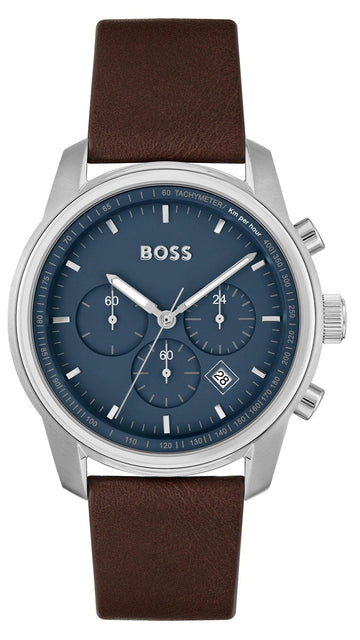 Hugo Boss Trace Chronograph Blue Dial Brown Leather Strap Watch for Men - 1514002