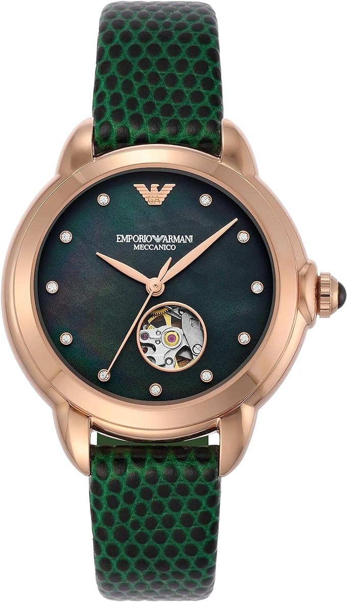 Emporio Armani Mia Meccanico Mother of Pearl Dial Green Leather Strap Watch for Women - AR60073