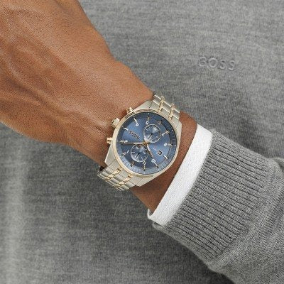 Hugo Boss Skytraveller Chronograph Blue Dial Two Tone Steel Strap Watch for Men - 1514247