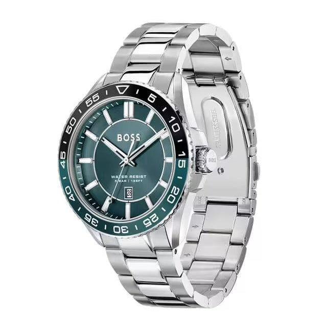 Hugo Boss Runner 3H Green Dial Silver Steel Strap Watch for Men - 1514208
