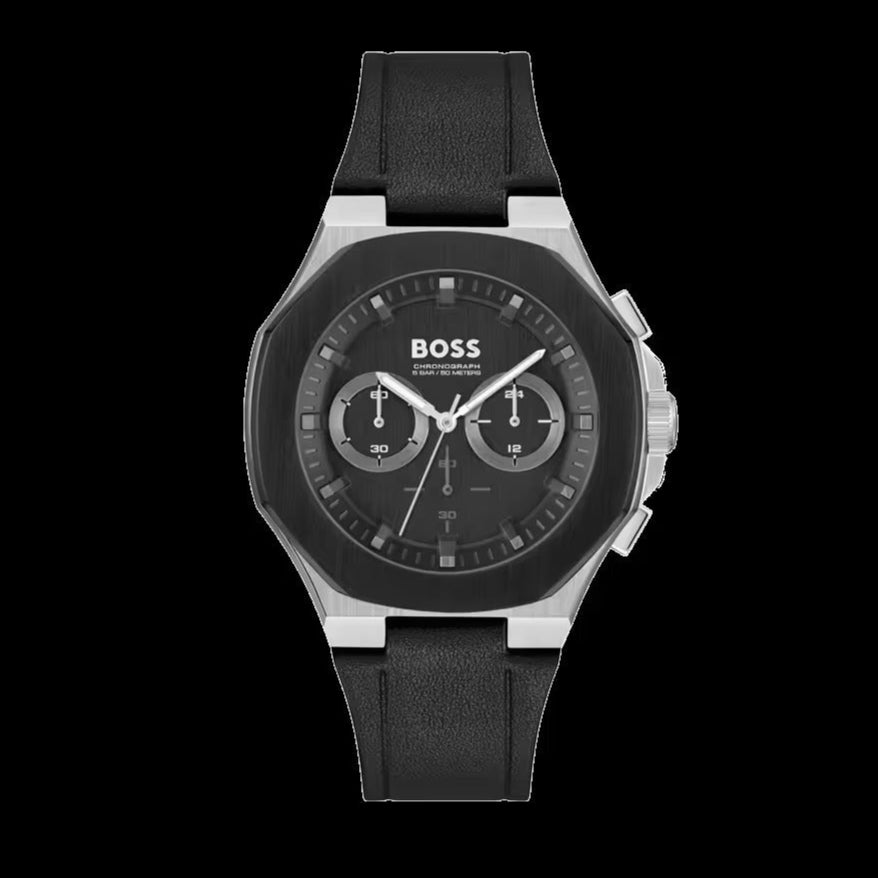 Hugo Boss Taper Chronograph Black Dial Black Leather Strap Watch for Men - 1514085