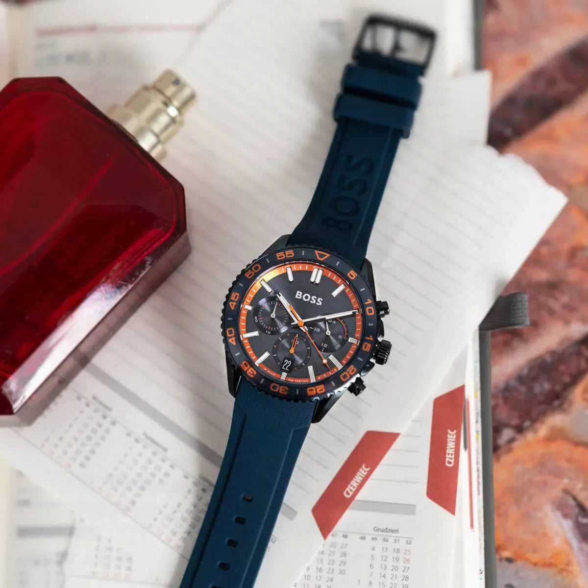 Hugo Boss Runner Chronograph Blue Dial Blue Silicone Strap Watch for Men - 1514142