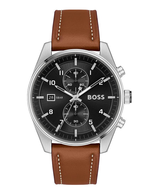 Hugo Boss Skytraveller Chronograph Black Dial Blue Leather Strap Watch for Men - 1514161