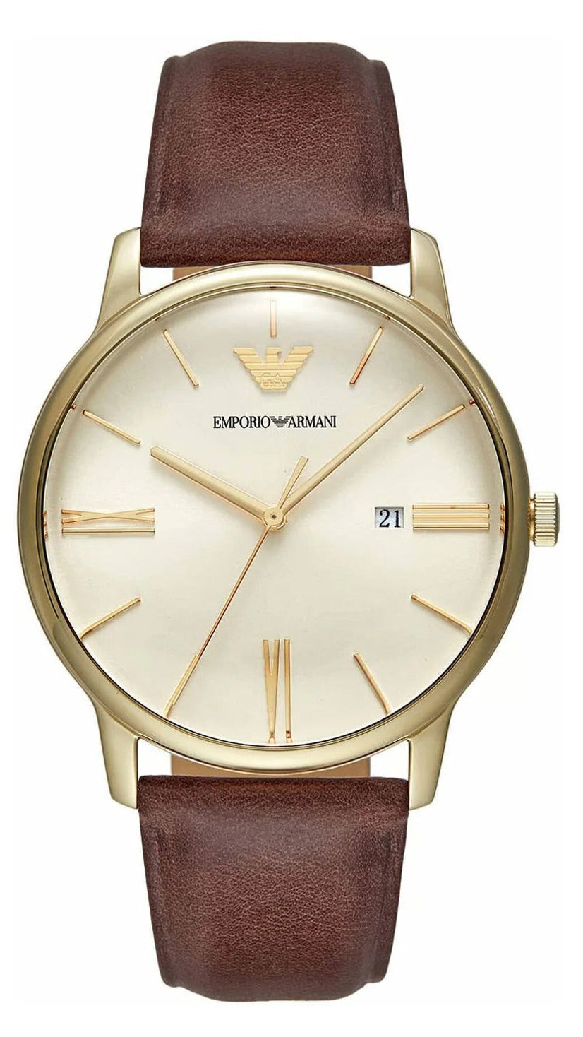 Emporio Armani Minimalist Quartz Gold Dial Brown Leather Strap Watch for Men - AR11610