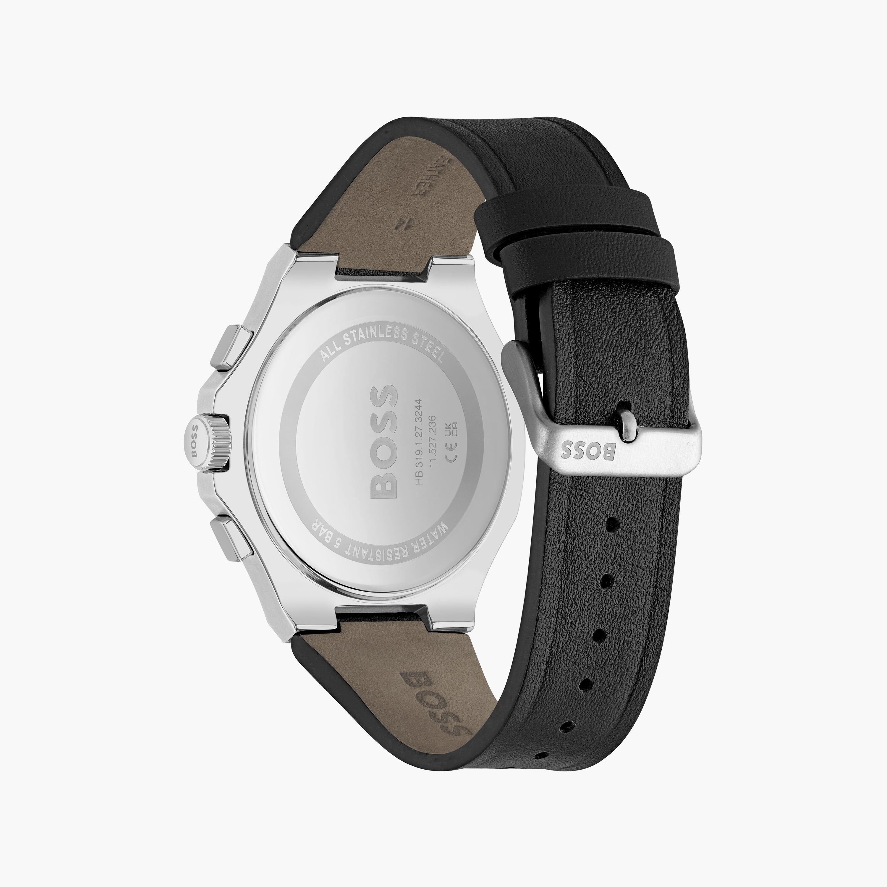 Hugo Boss Taper Chronograph Black Dial Black Leather Strap Watch for Men - 1514085