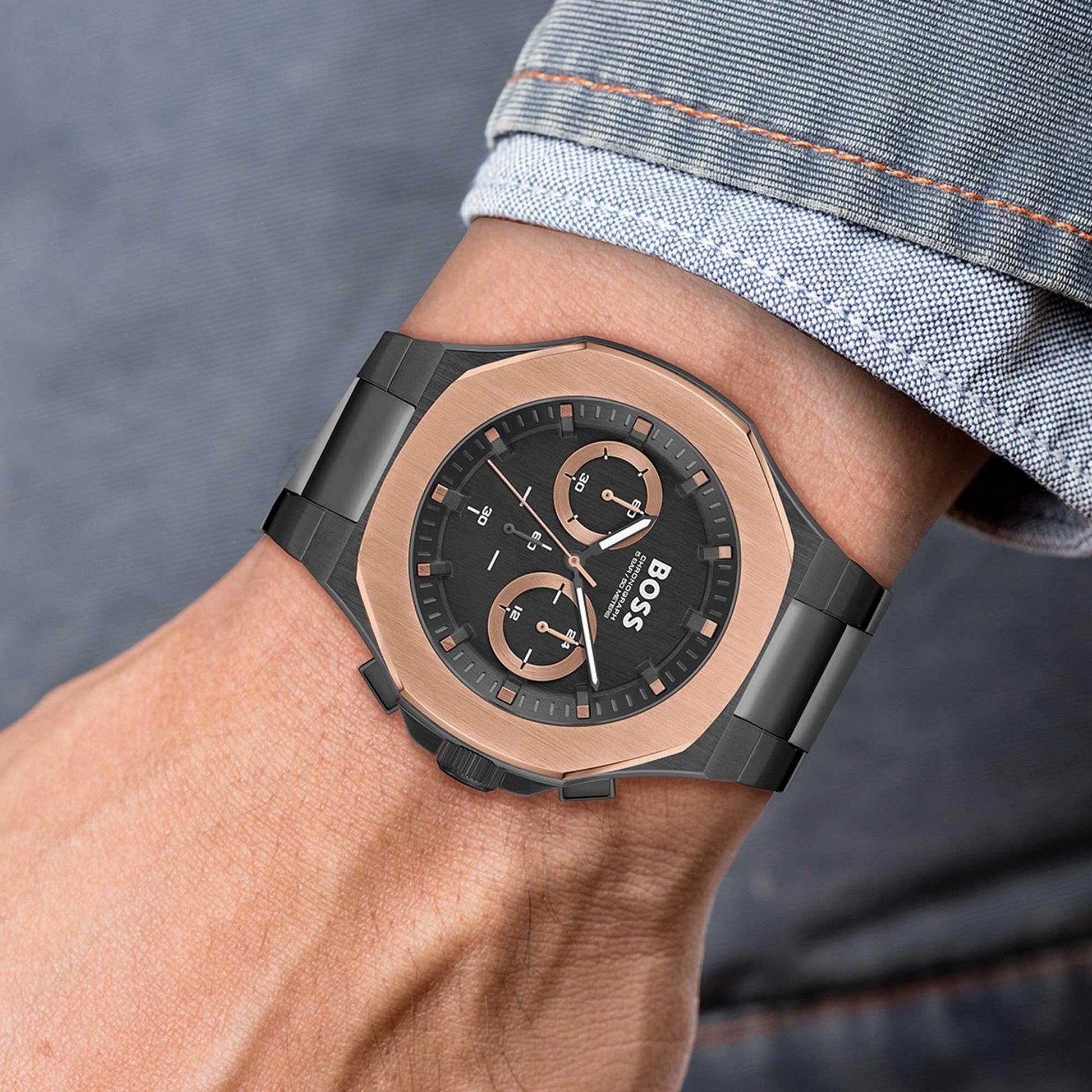 Hugo Boss Taper Chronograph Black Dial Black Steel Strap Watch for Men - 1514090