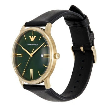 Emporio Armani Minimalist Green Dial Black Leather Strap Watch for Men - AR11601