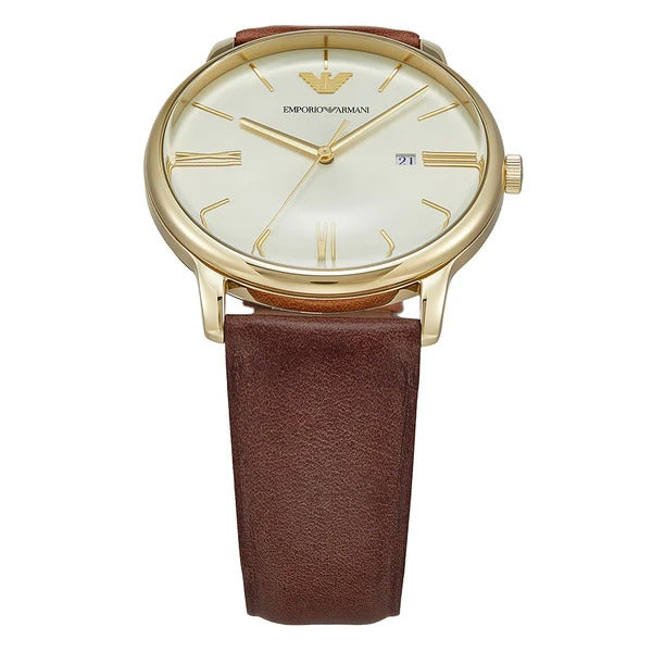 Emporio Armani Minimalist Quartz Gold Dial Brown Leather Strap Watch for Men - AR11610