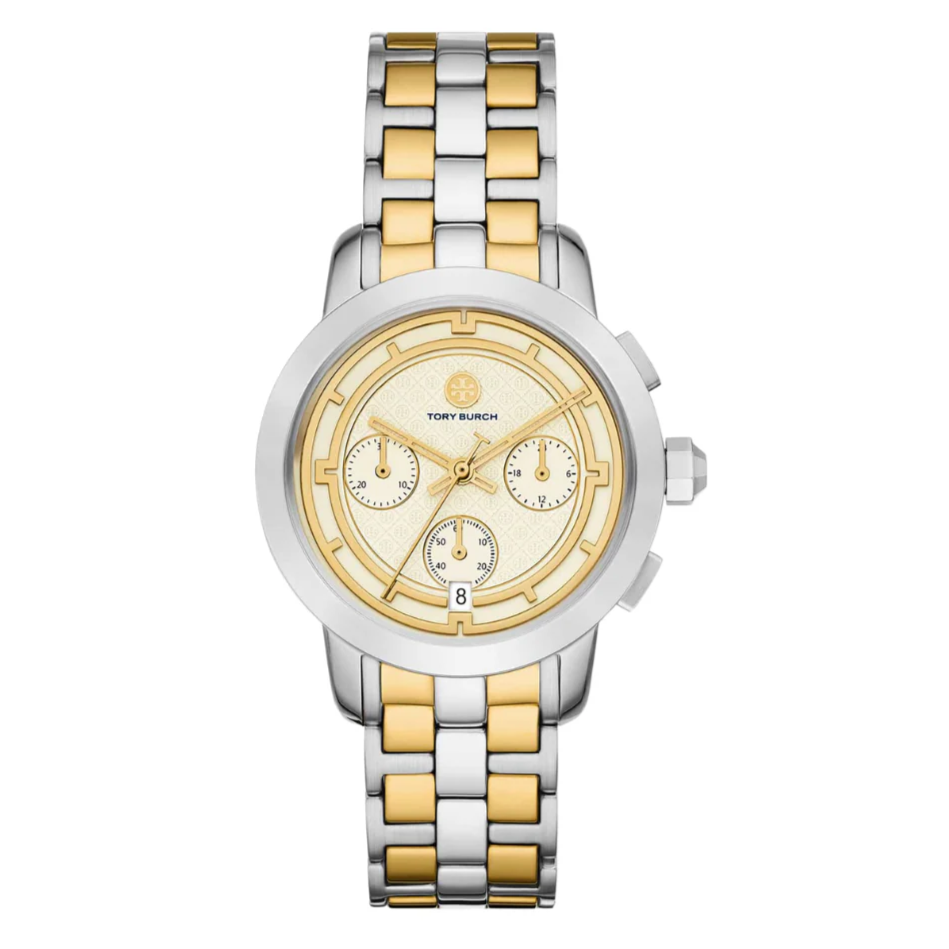 Tory Burch The Tory Chronograph White Dial Two Tone Steel Strap Watch for Women - TBW1052
