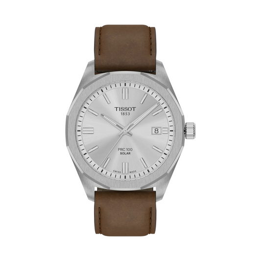 Tissot PRC 100 Solar Quartz Silver Dial Brown Leather Strap Watch for Men - T151.422.16.031.00