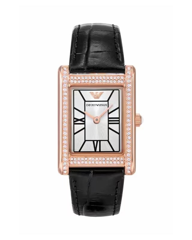 Emporio Armani Genni Silver Dial Black Leather Strap Watch for Women - AR11624