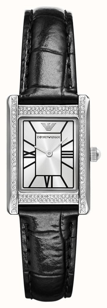 Emporio Armani Two Hand Crystals Silver Dial Black Leather Strap Watch for Women - AR11623