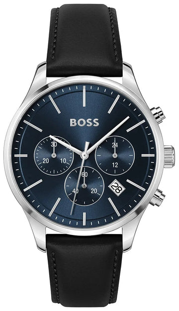Hugo Boss Avery Chronograph Blue Dial Black Leather Strap Watch for Men - 1514156