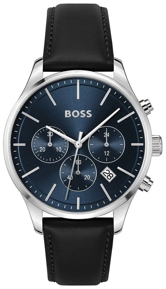 Hugo Boss Avery Chronograph Blue Dial Black Leather Strap Watch for Men - 1514156