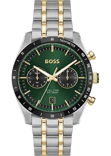 Hugo Boss Tourmaster Chronograph Green Dial Two Tone Steel Strap Watch for Men - 1514287