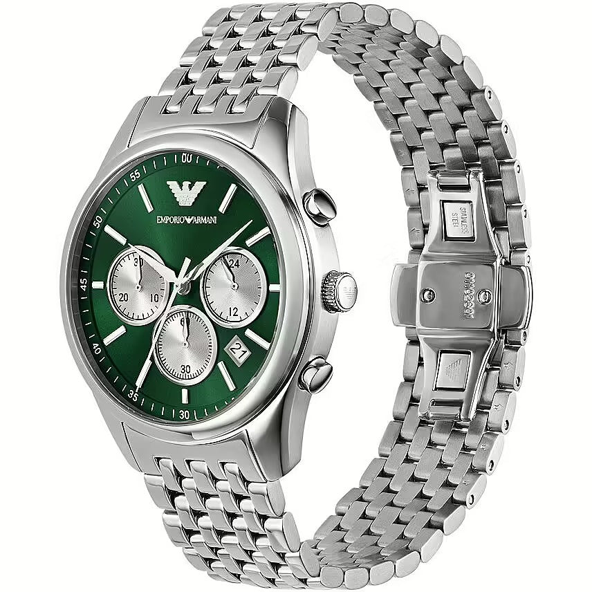 Emporio Armani Antonio Chronograph Green Dial Silver Steel Strap Watch for Men - AR11581