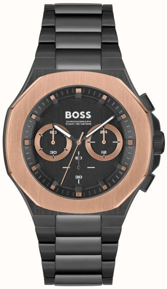 Hugo Boss Taper Chronograph Black Dial Black Steel Strap Watch for Men - 1514090