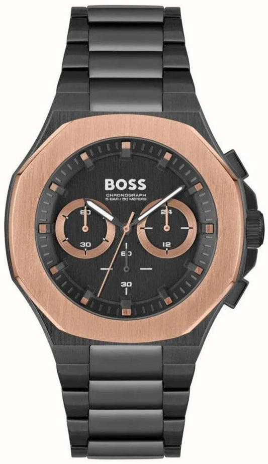 Hugo Boss Taper Chronograph Black Dial Black Steel Strap Watch for Men - 1514090