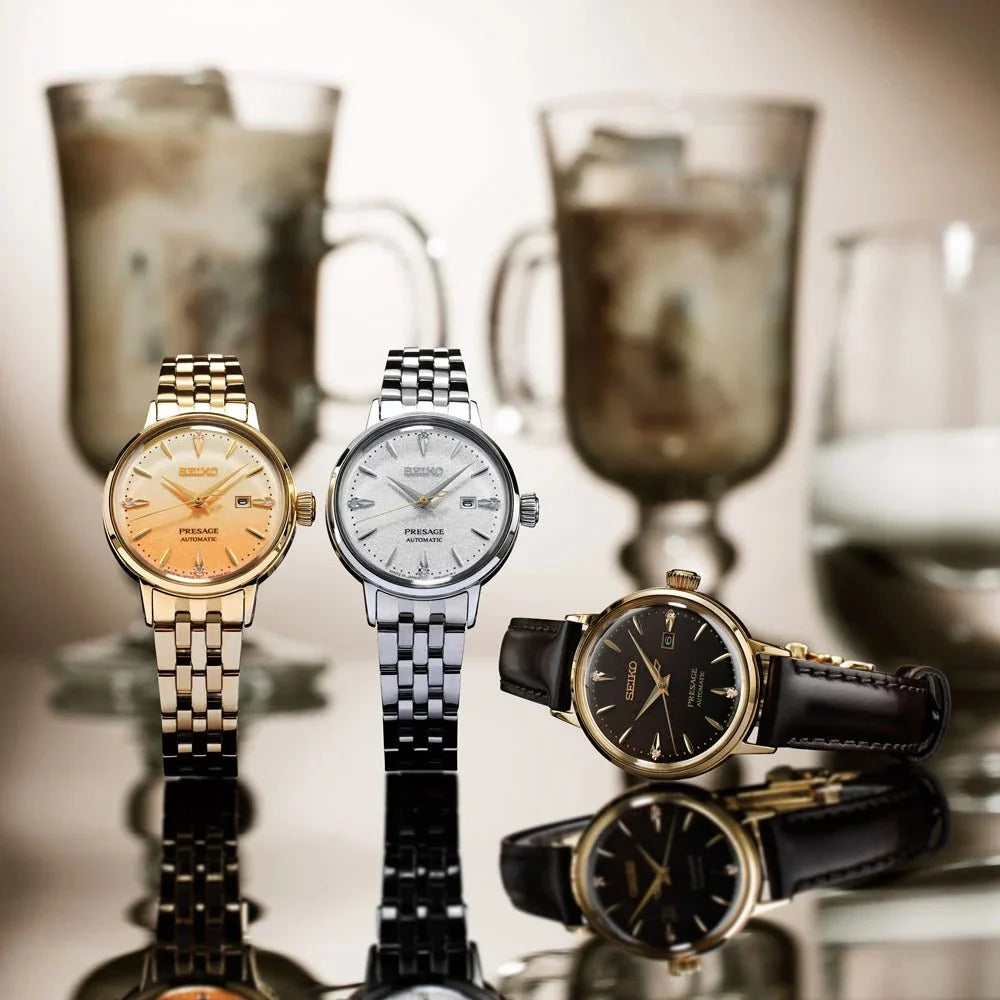 Seiko Presage Cocktail Time Automatic Diamonds Gold Dial Gold Steel Strap Watch for Women - SRE018J1