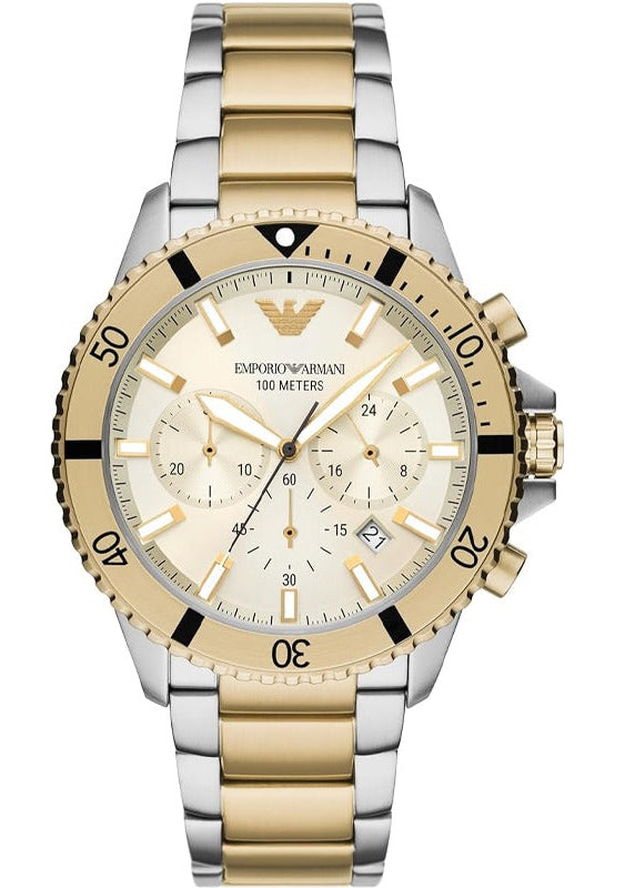 Emporio Armani World Explorer Chronograph Cream Dial Two Tone Steel Strap Watch for Men - AR11606